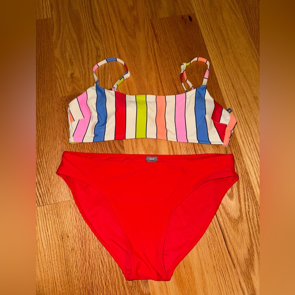 Aerie multi color stripe bikini top & red bottom size medium